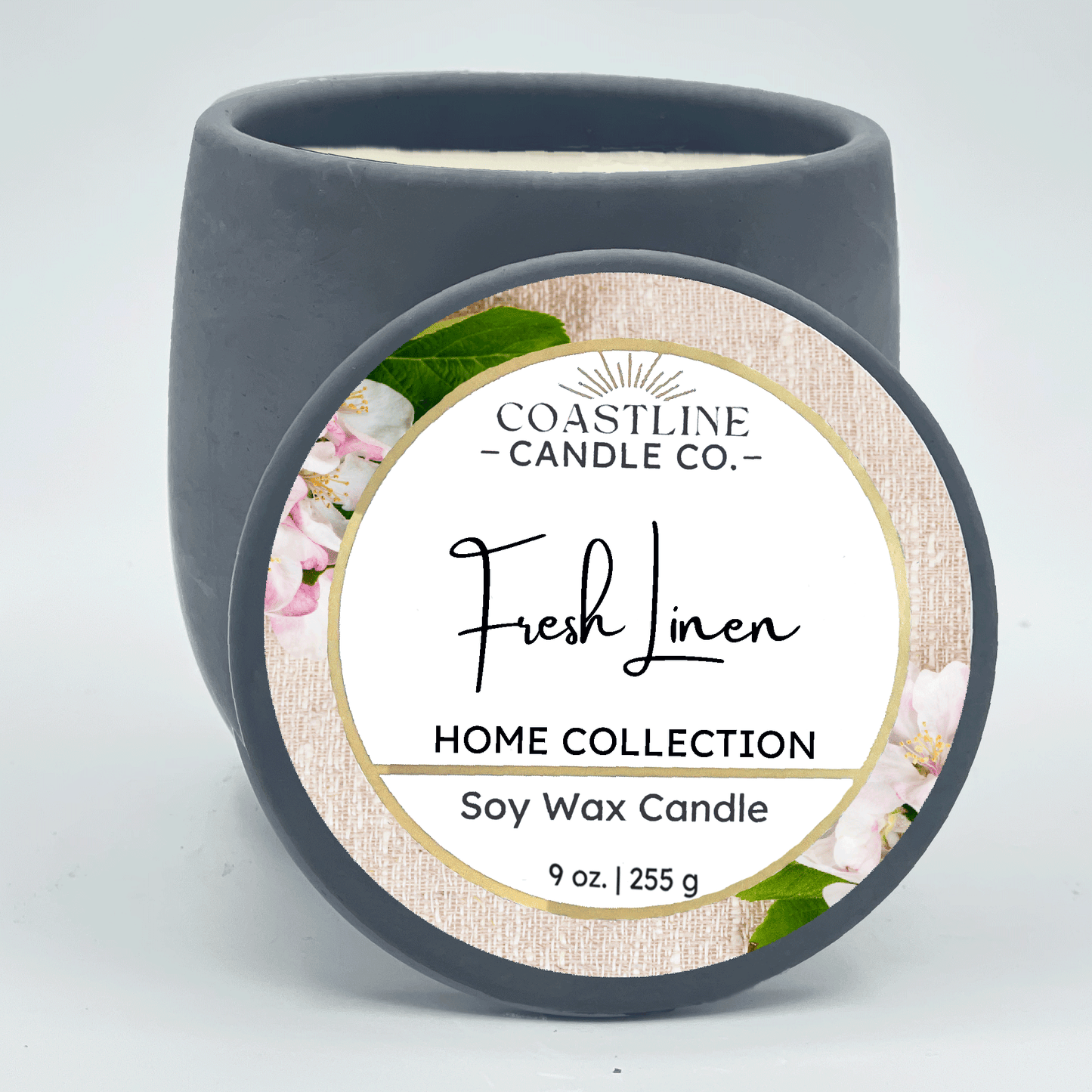 Fresh Linen Soy Wax Candle - Home Collection in 9 oz. Gray Concrete Jar