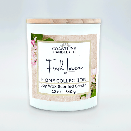 Fresh Linen Soy Wax Candle - Home Collection in 12 oz. White Jar