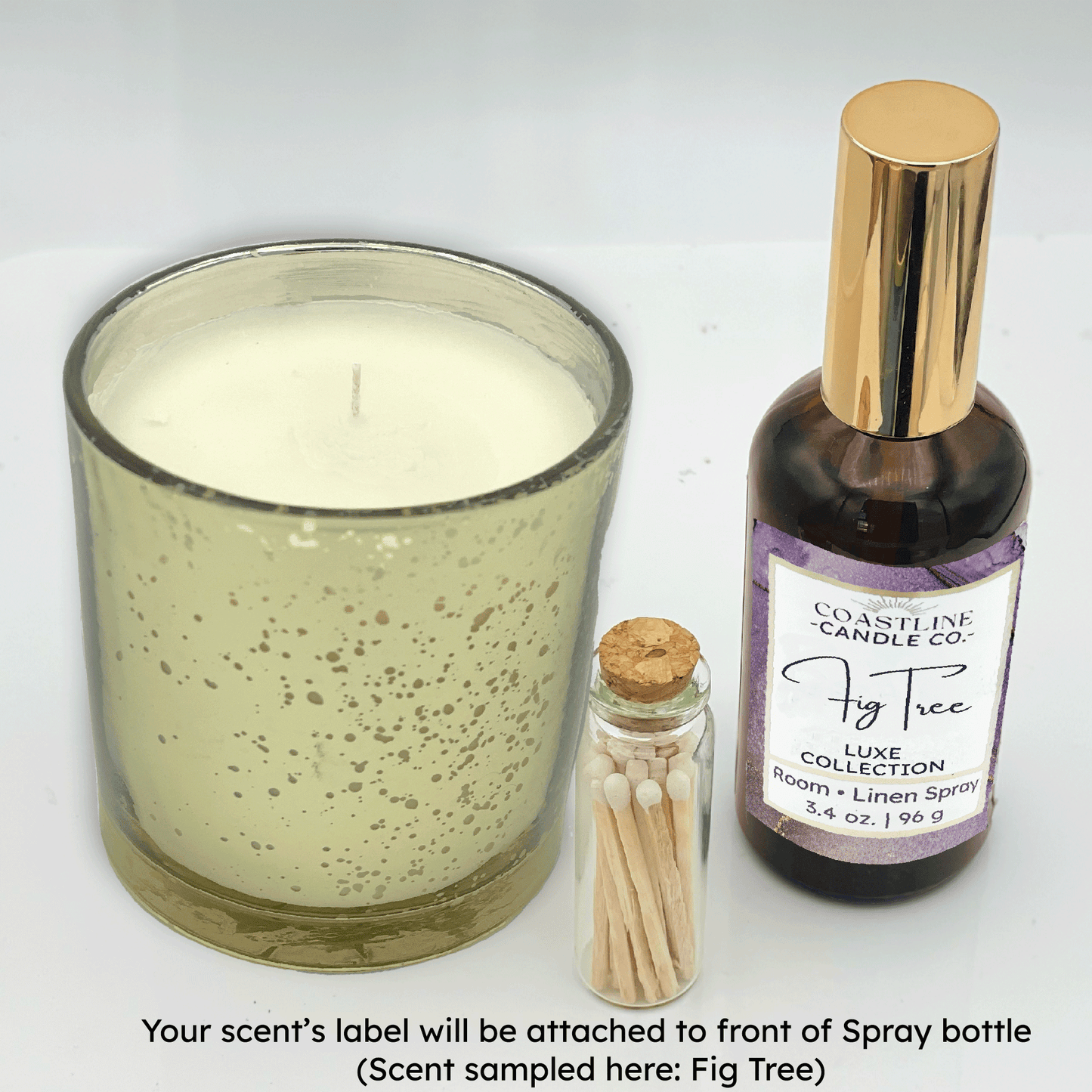 Gold Mercury 8 oz. Candle Jar & Room Spray Gift Set - your choice of scent with match stick bottle