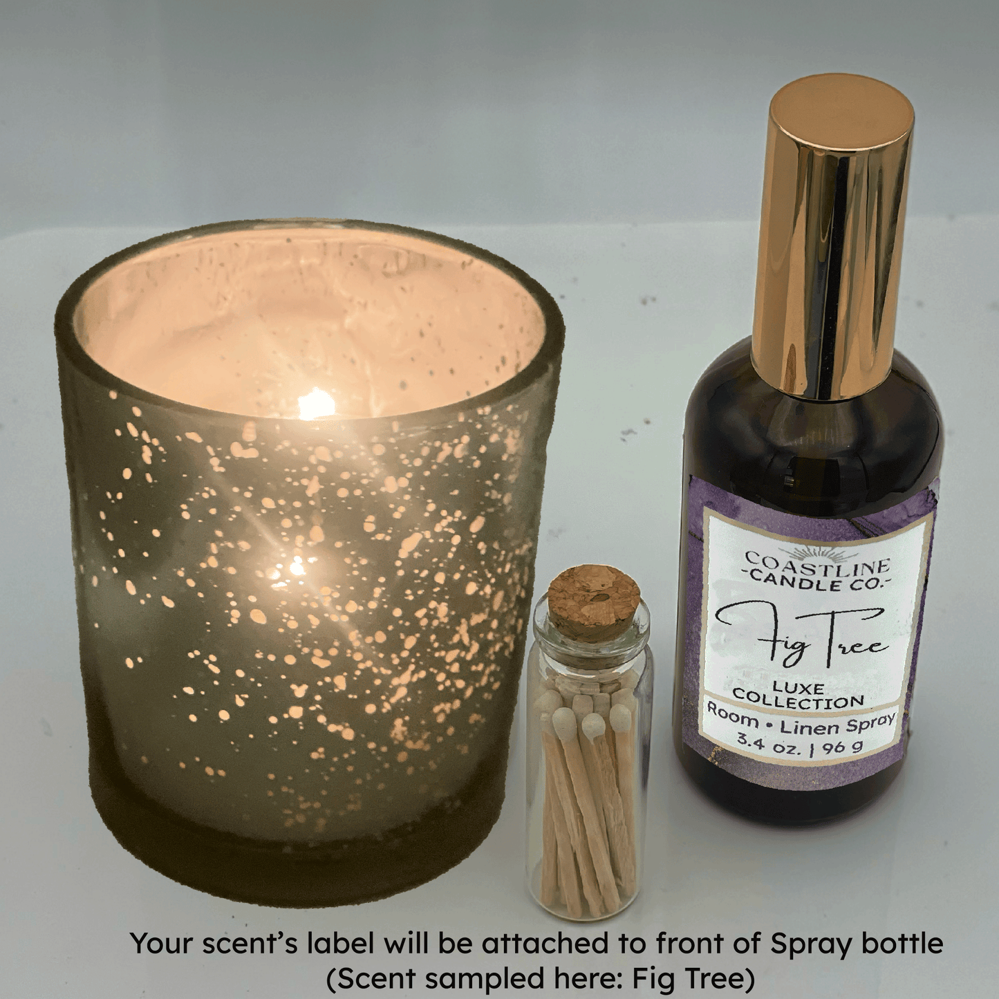 Gold Mercury 8 oz. Candle Jar & Room Spray Gift Set - your choice of scent with match stick bottle