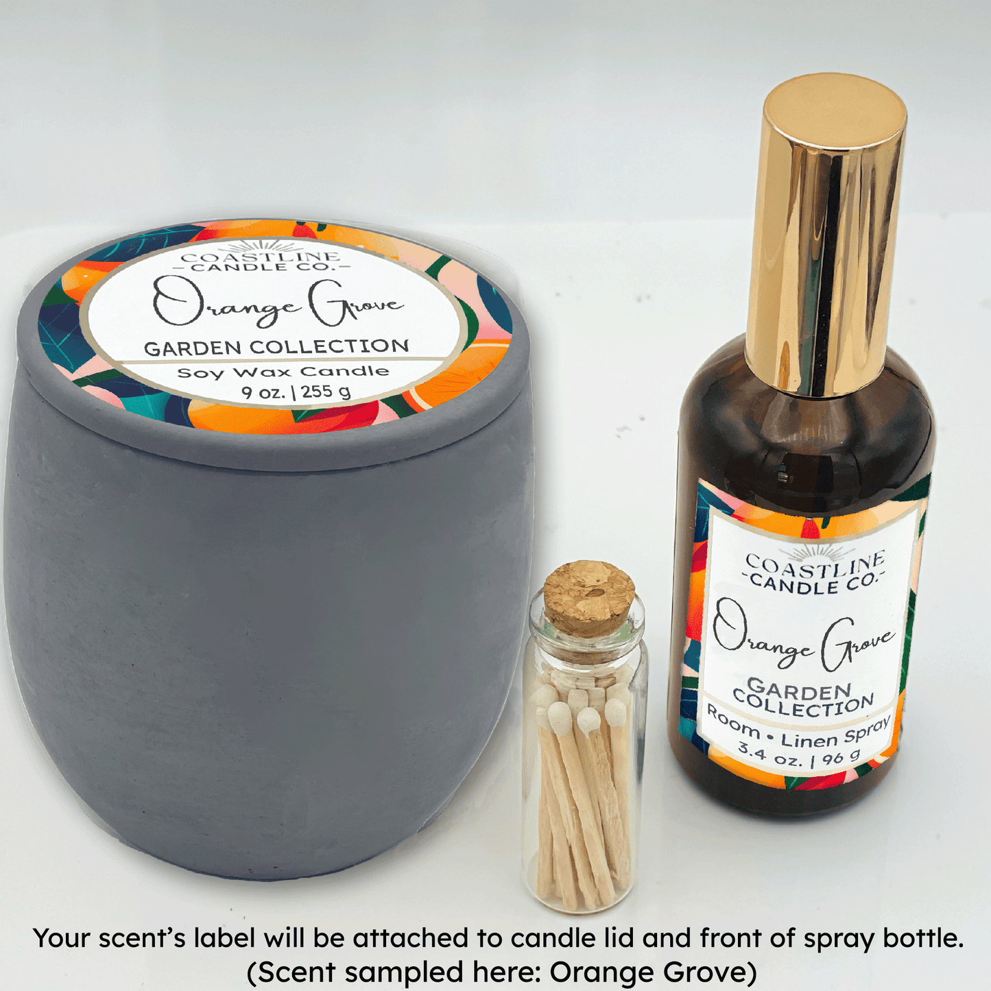 Gray Concrete 9 oz. Candle Jar & Room Spray Gift Set - your choice of scent with match stick bottle