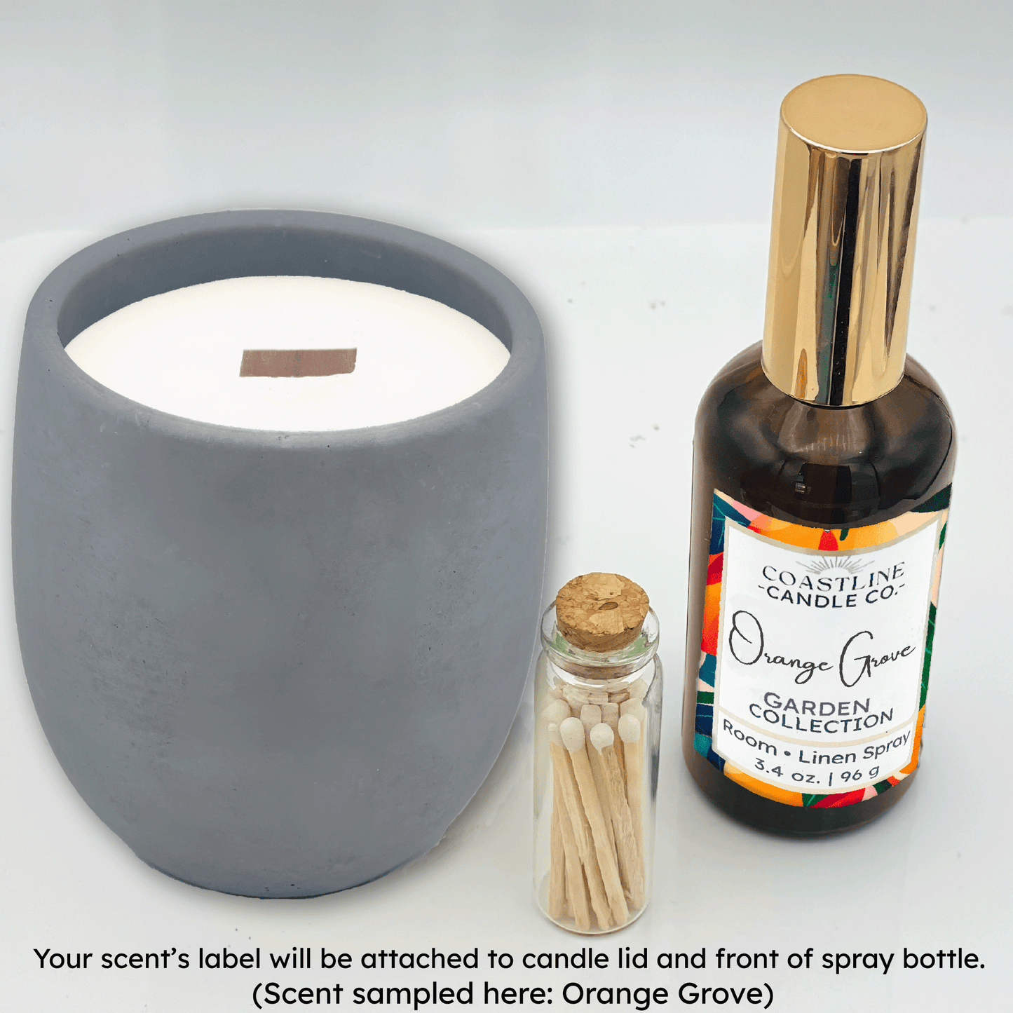 Gray Concrete 9 oz. Candle Jar & Room Spray Gift Set - your choice of scent with match stick bottle