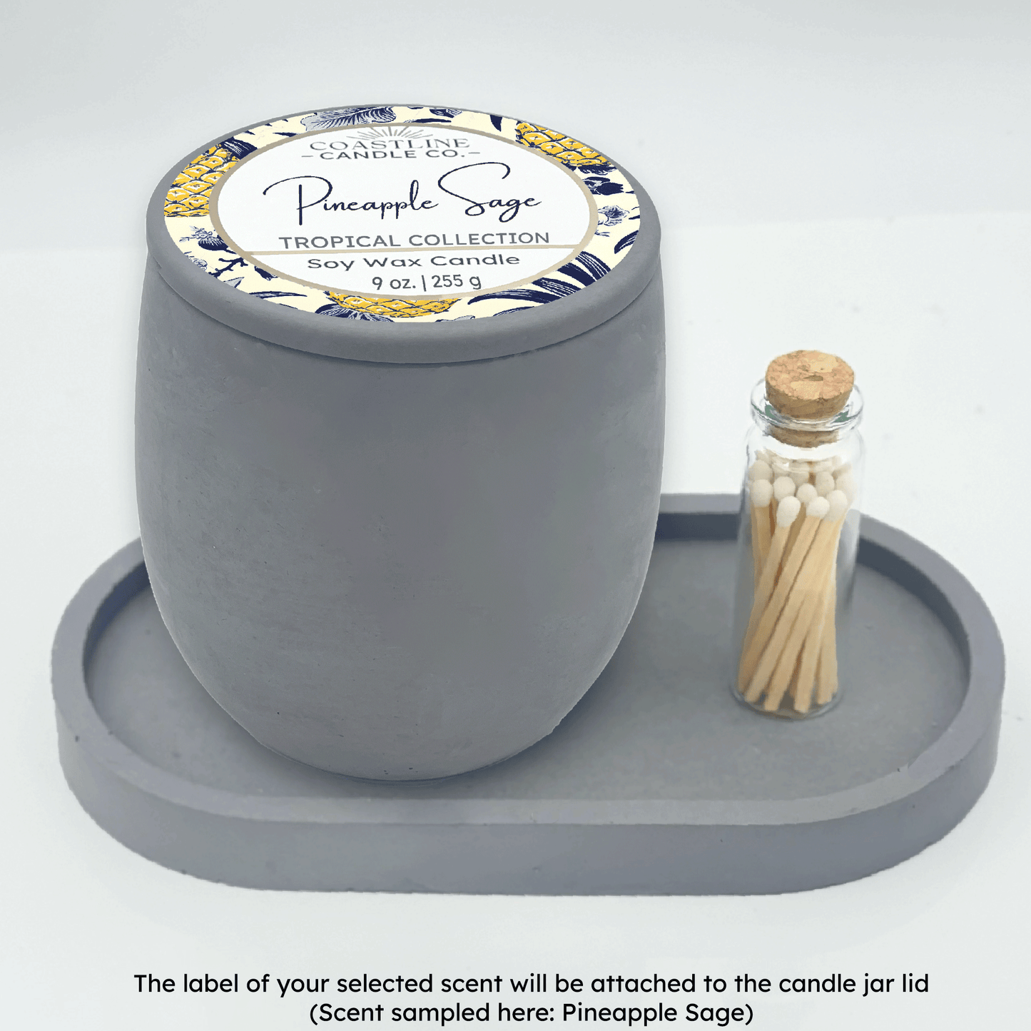 Gray 9 oz. Concrete Candle & Tray Gift Set - your choice of scent with match stick bottle