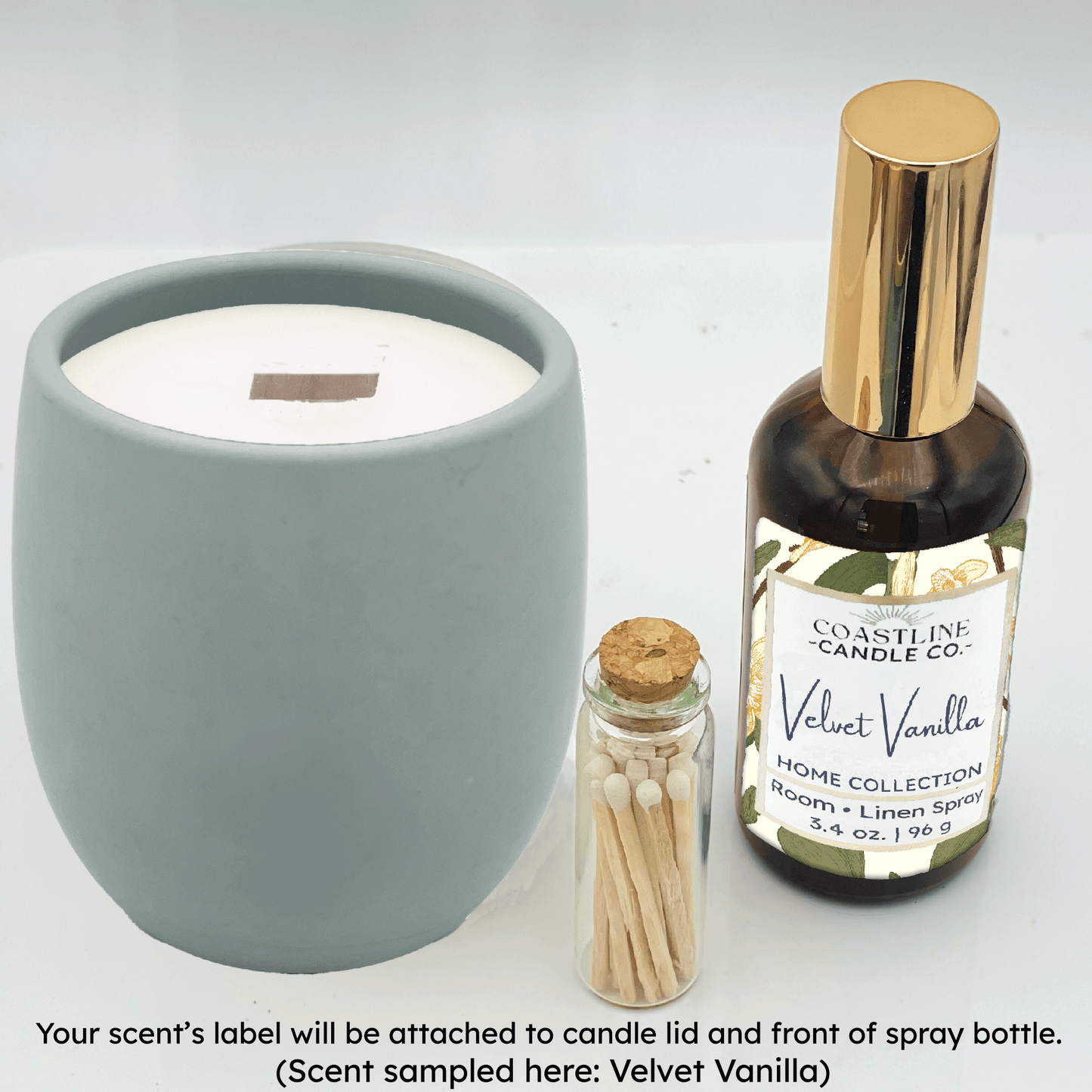 Green Concrete 9 oz. Candle Jar & Room Spray Gift Set - your choice of scent with match stick bottle