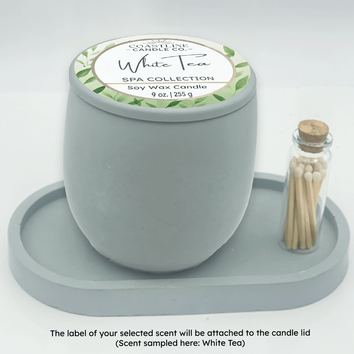 Green 9 oz. Concrete Candle & Tray Gift Set - your choice of scent with match stick bottle