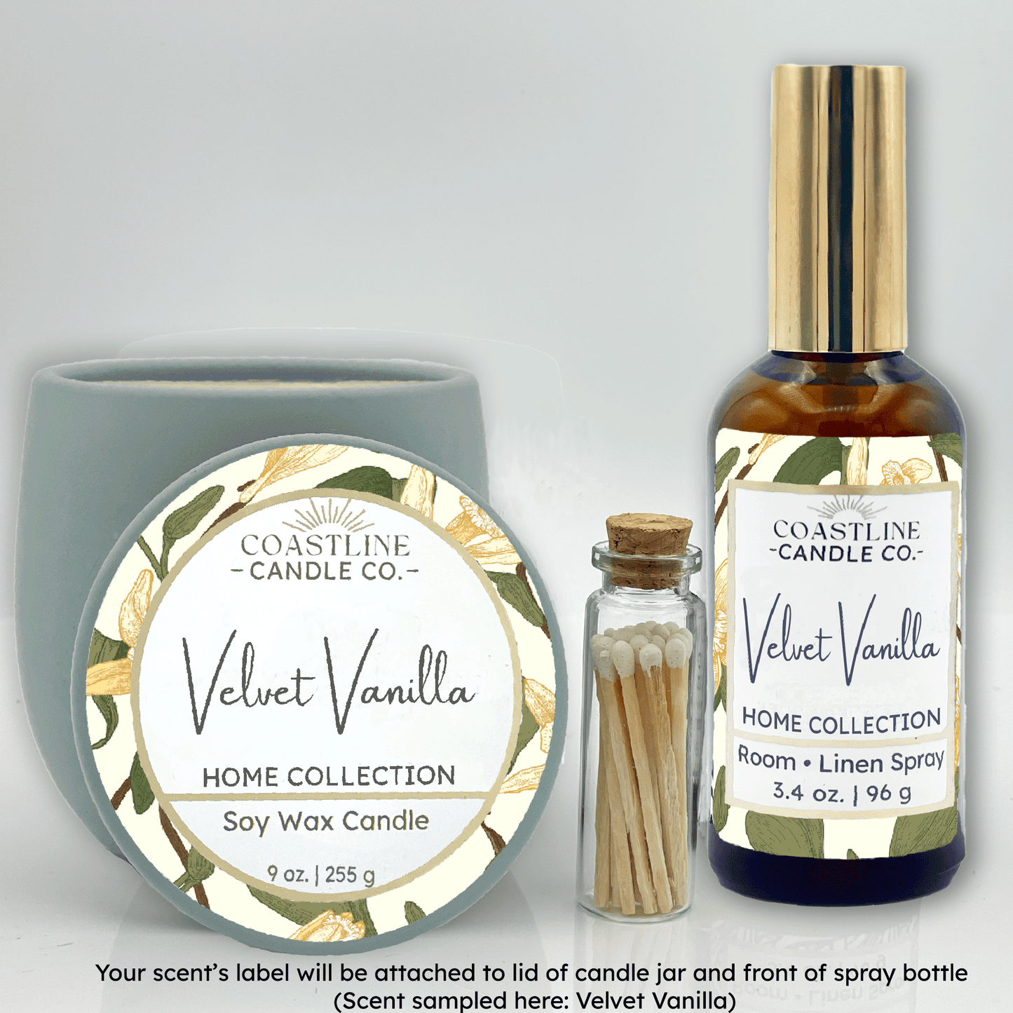 Green Concrete 9 oz. Candle Jar & Room Spray Gift Set - your choice of scent with match stick bottle