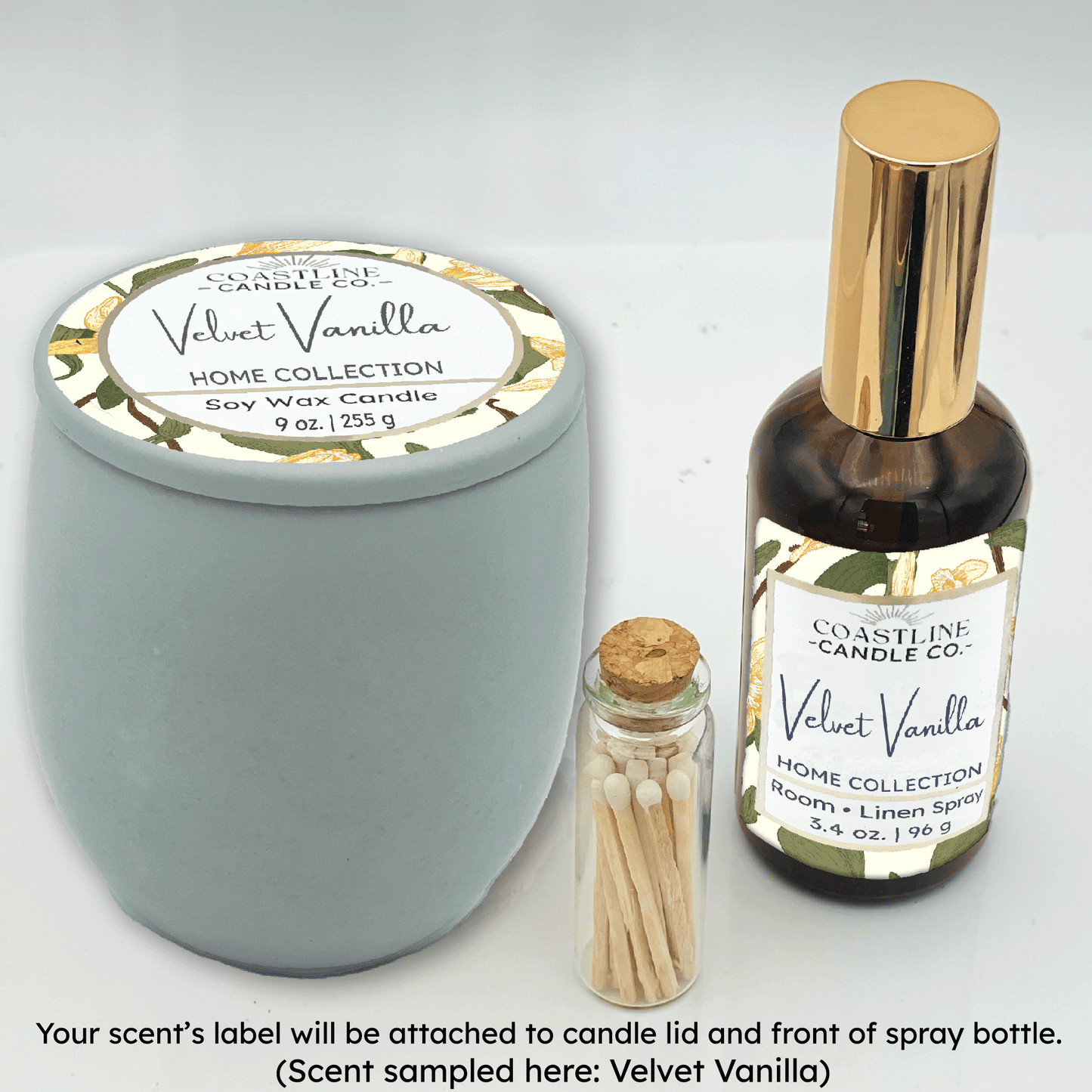 Green Concrete 9 oz. Candle Jar & Room Spray Gift Set - your choice of scent with match stick bottle