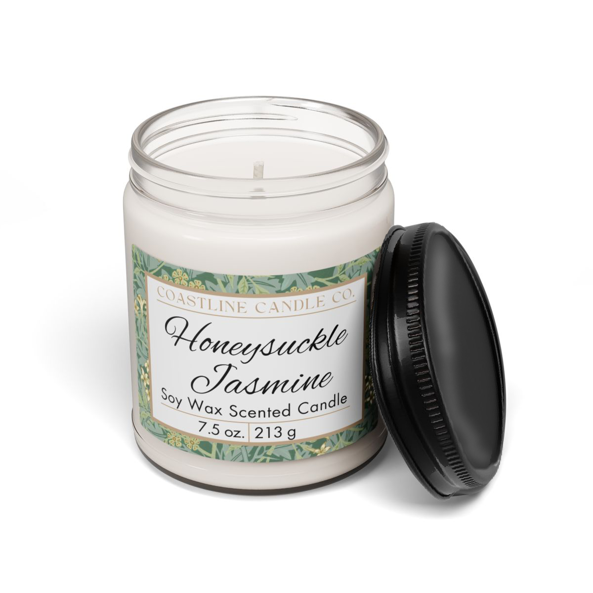 Honeysuckle Jasmine Soy Wax 7.5 oz. Scented Candle - Clear Jar with Glossy Black Lid