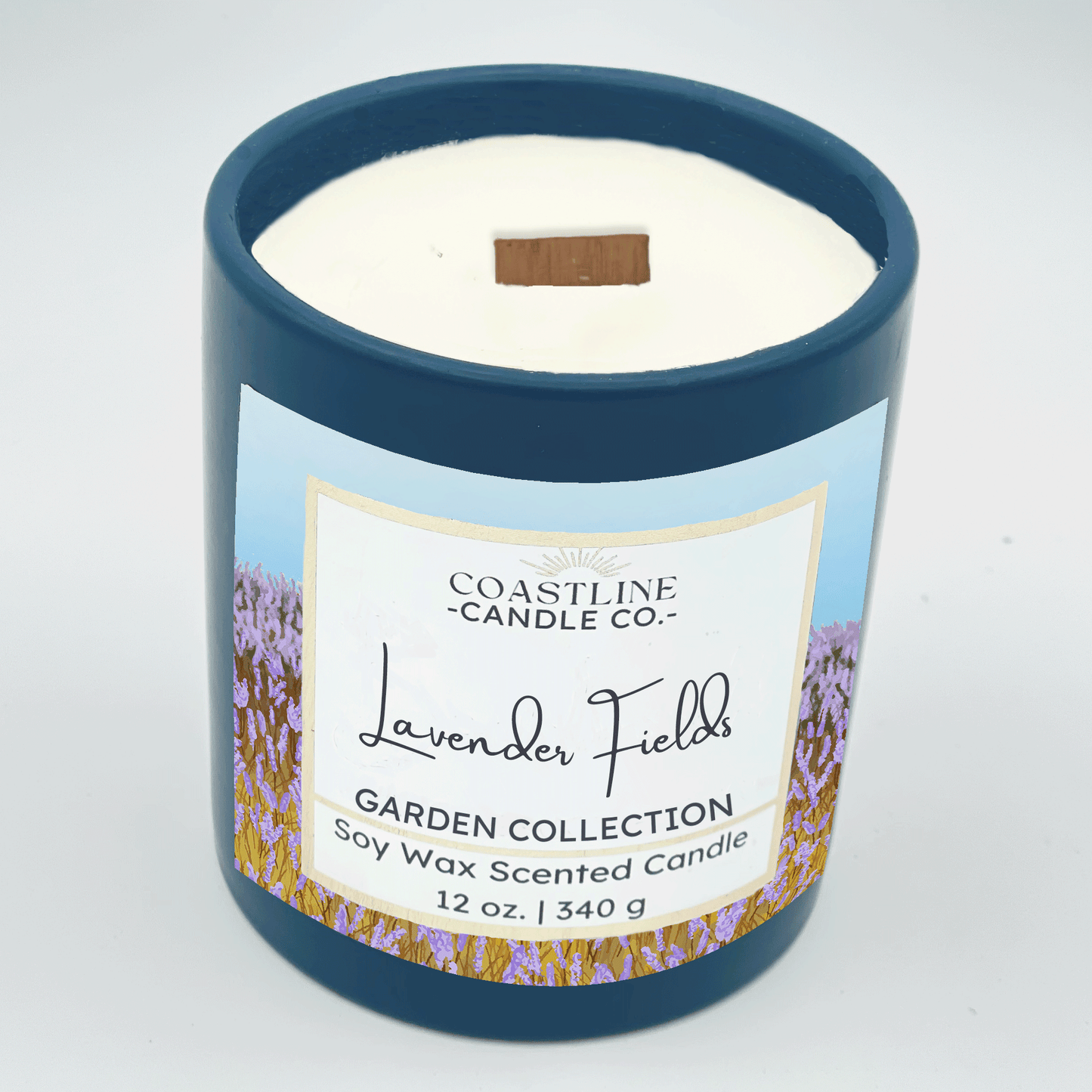 Lavender Fields Soy Wax Candle - Garden Collection in 12 oz. Denim Blue Jar