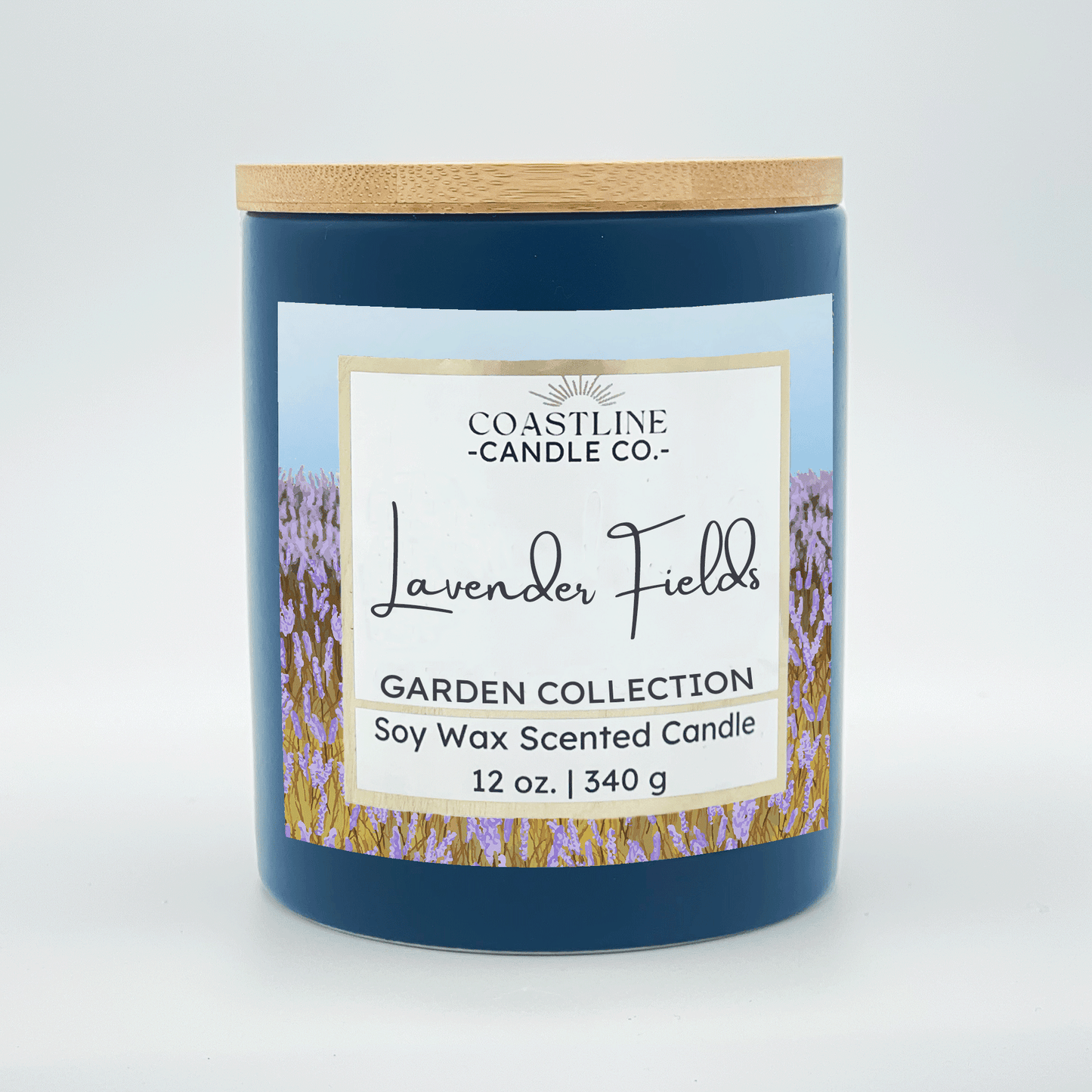 Lavender Fields Soy Wax Candle - Garden Collection in 12 oz. Denim Blue Jar