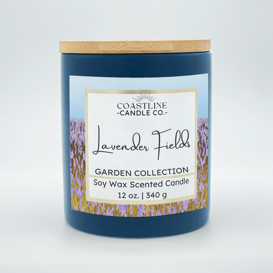 Lavender Fields Soy Wax Candle - Garden Collection in 12 oz. Denim Blue Jar