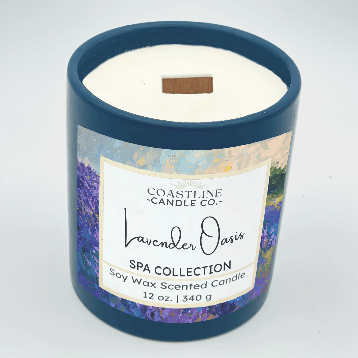 Lavender Oasis Soy Wax Candle - Spa Collection in 12 oz. Denim Blue Jar