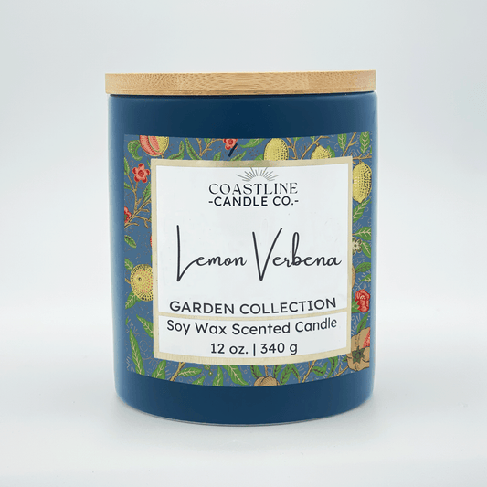 Lemon Verbena Soy Wax Candle - Garden Collection in 12 oz. Denim Blue Jar