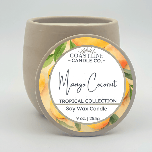 Mango Coconut Soy Wax Candle - Tropical Collection in 9 oz. Beige Concrete Jar