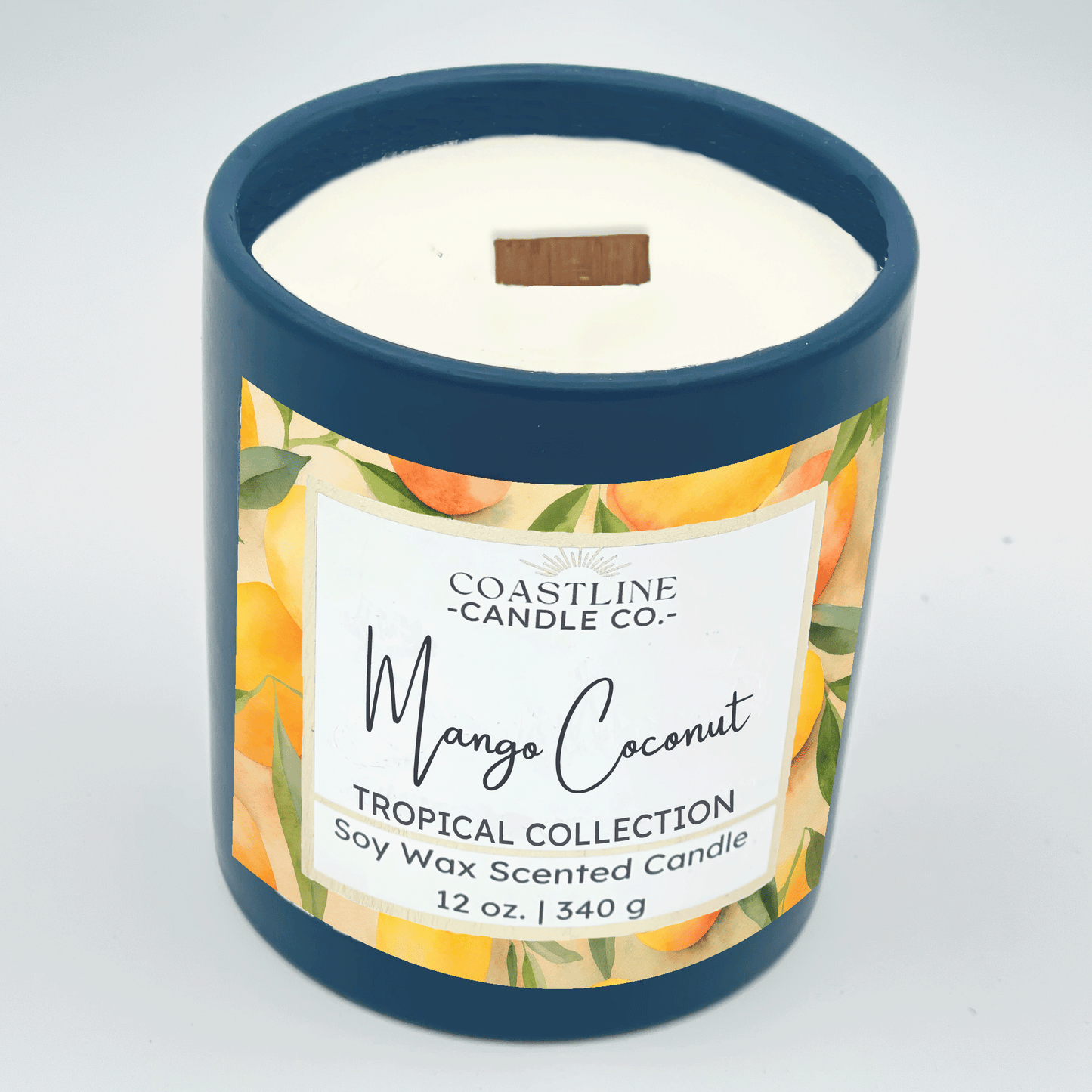 Mango Coconut Soy Wax Candle - Tropical Collection in 12 oz. Denim Blue Jar