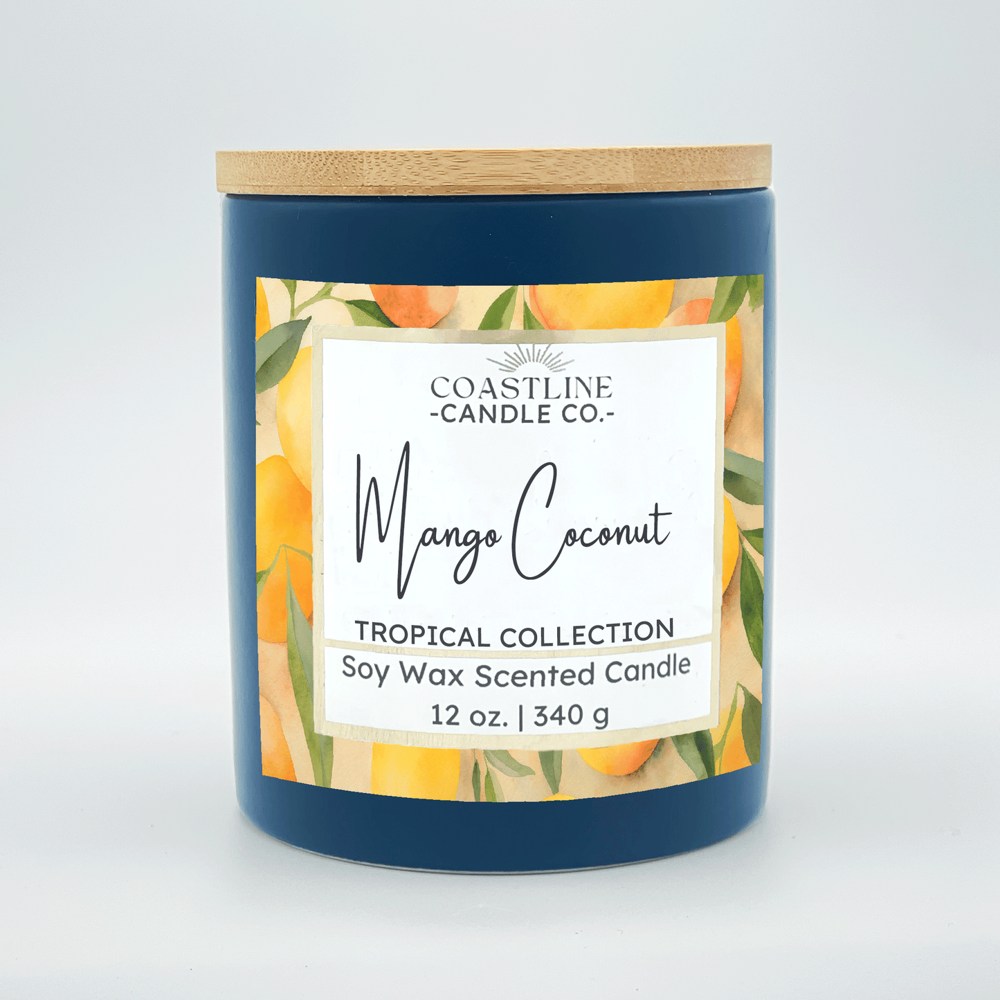 Mango Coconut Soy Wax Candle - Tropical Collection in 12 oz. Denim Blue Jar