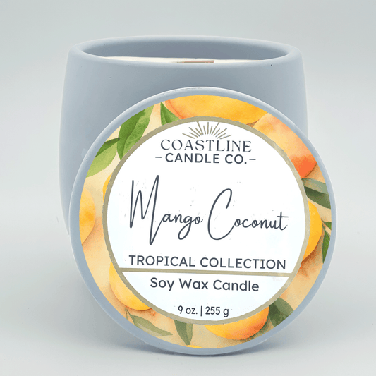 Mango Coconut Soy Wax Candle - Tropical Collection in 9 oz. Light Blue Concrete Jar