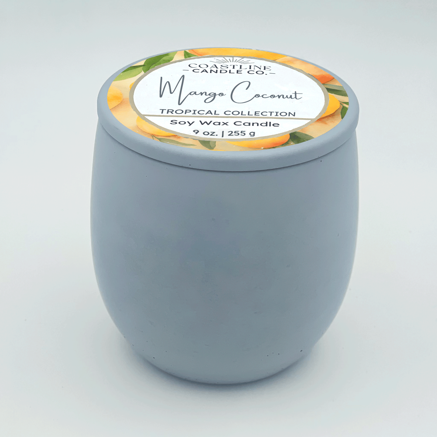 Mango Coconut Soy Wax Candle - Tropical Collection in 9 oz. Light Blue Concrete Jar