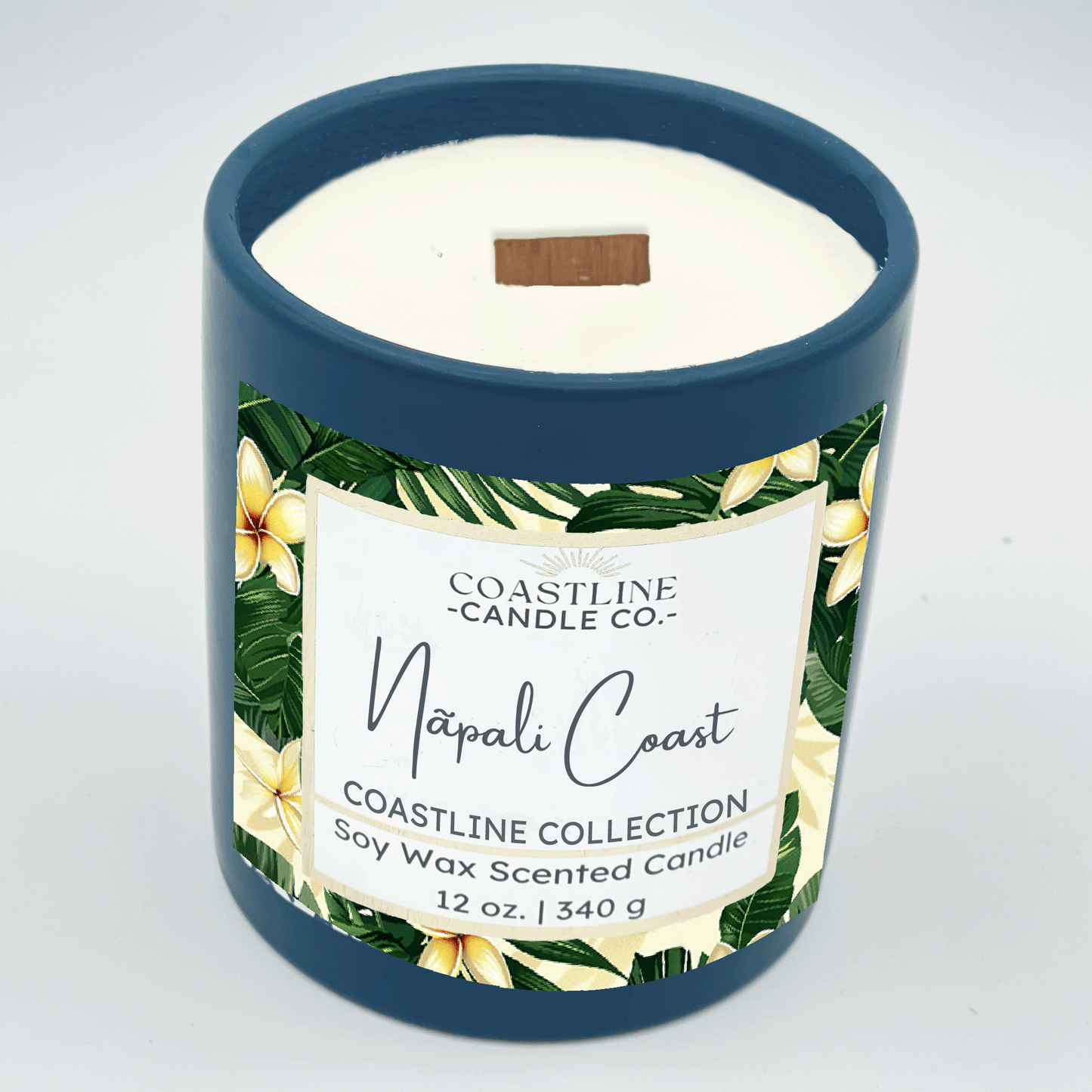 Nãpali Coast Soy Wax Candle - Coastline Collection in 12 oz. Denim Blue Jar with wood wick