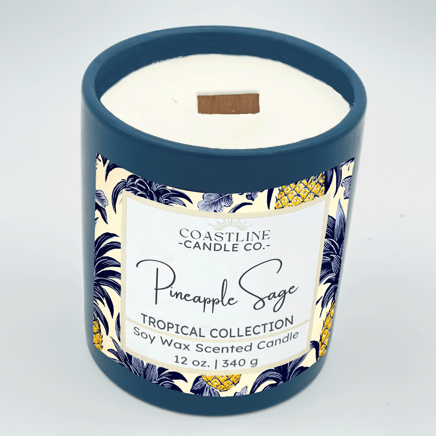 Pineapple Sage Soy Wax Candle - Tropical Collection in 12 oz. Denim Blue Jar