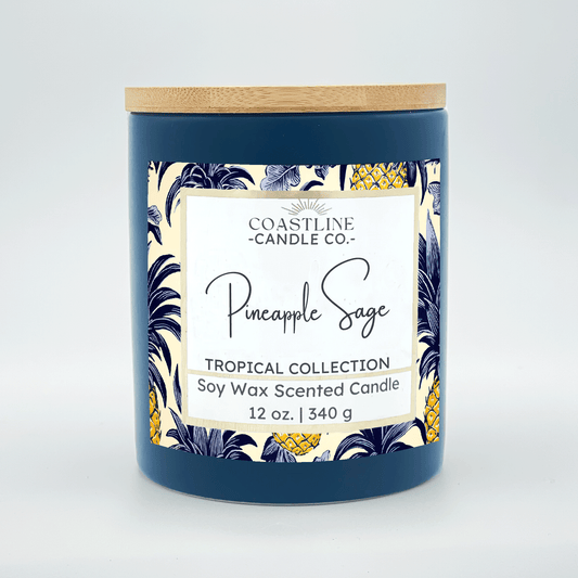 Pineapple Sage Soy Wax Candle - Tropical Collection in 12 oz. Denim Blue Jar