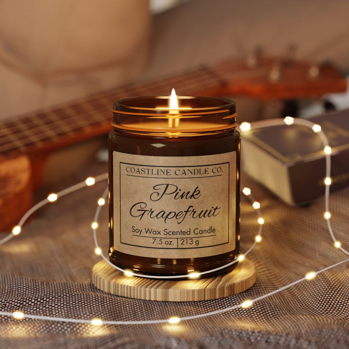 Pink Grapefruit 7.5 oz. Scented Soy Wax Candle, Amber Jar with Matte Black Lid -  Kraft Label