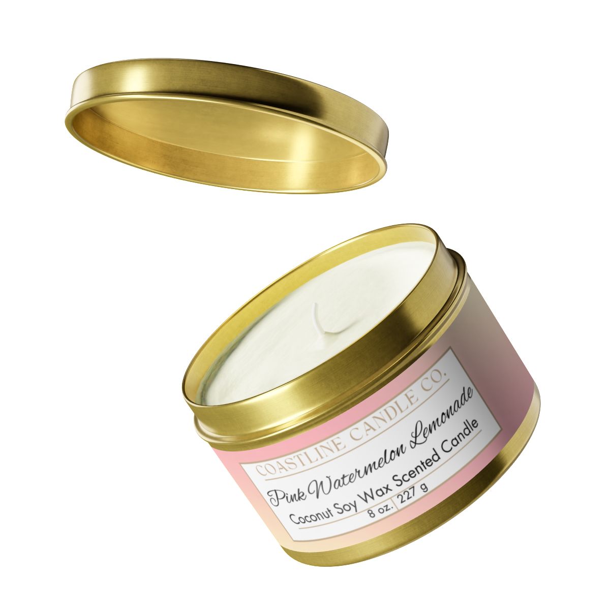 Pink Watermelon Lemonade Scented Coconut Soy Wax Candle, 8 oz. Gold Tin Jar with Lid