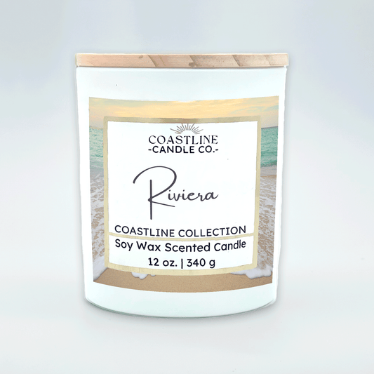 Riviera Soy Wax Candle - Coastline Collection in 12 oz. White Jar with wood wck