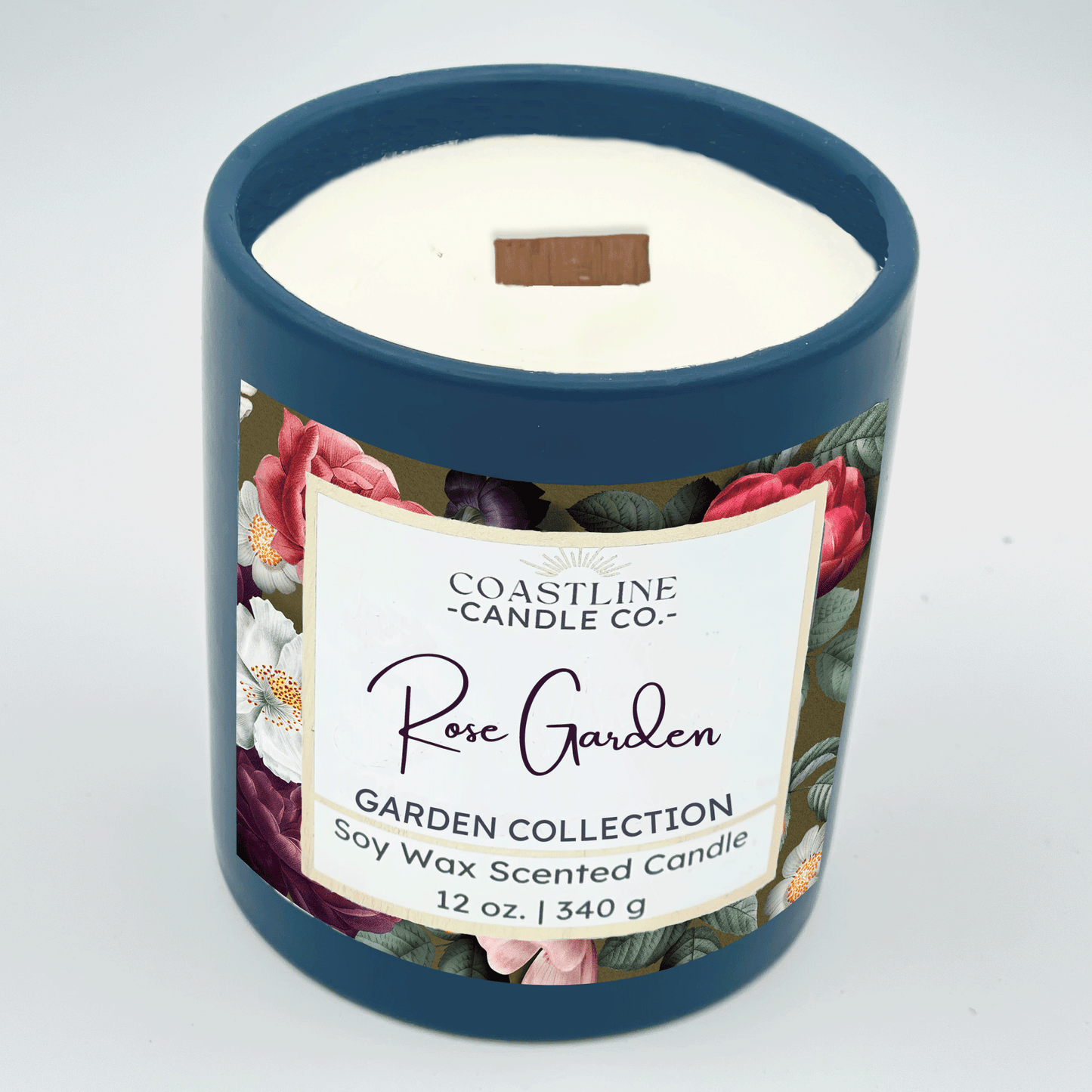 Rose Garden Soy Wax Candle - Garden Collection in 12 oz. Denim Blue Jar