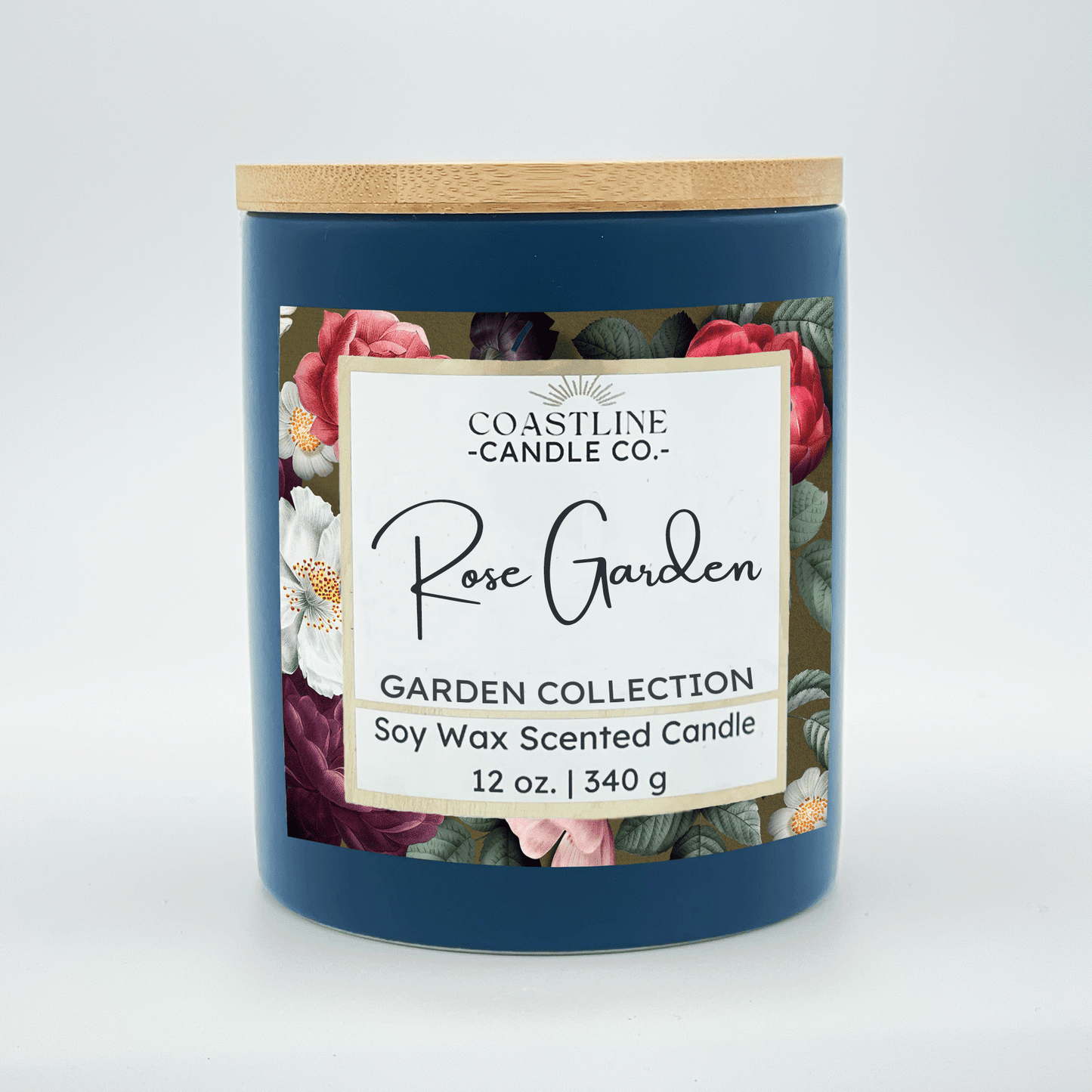 Rose Garden Soy Wax Candle - Garden Collection in 12 oz. Denim Blue Jar