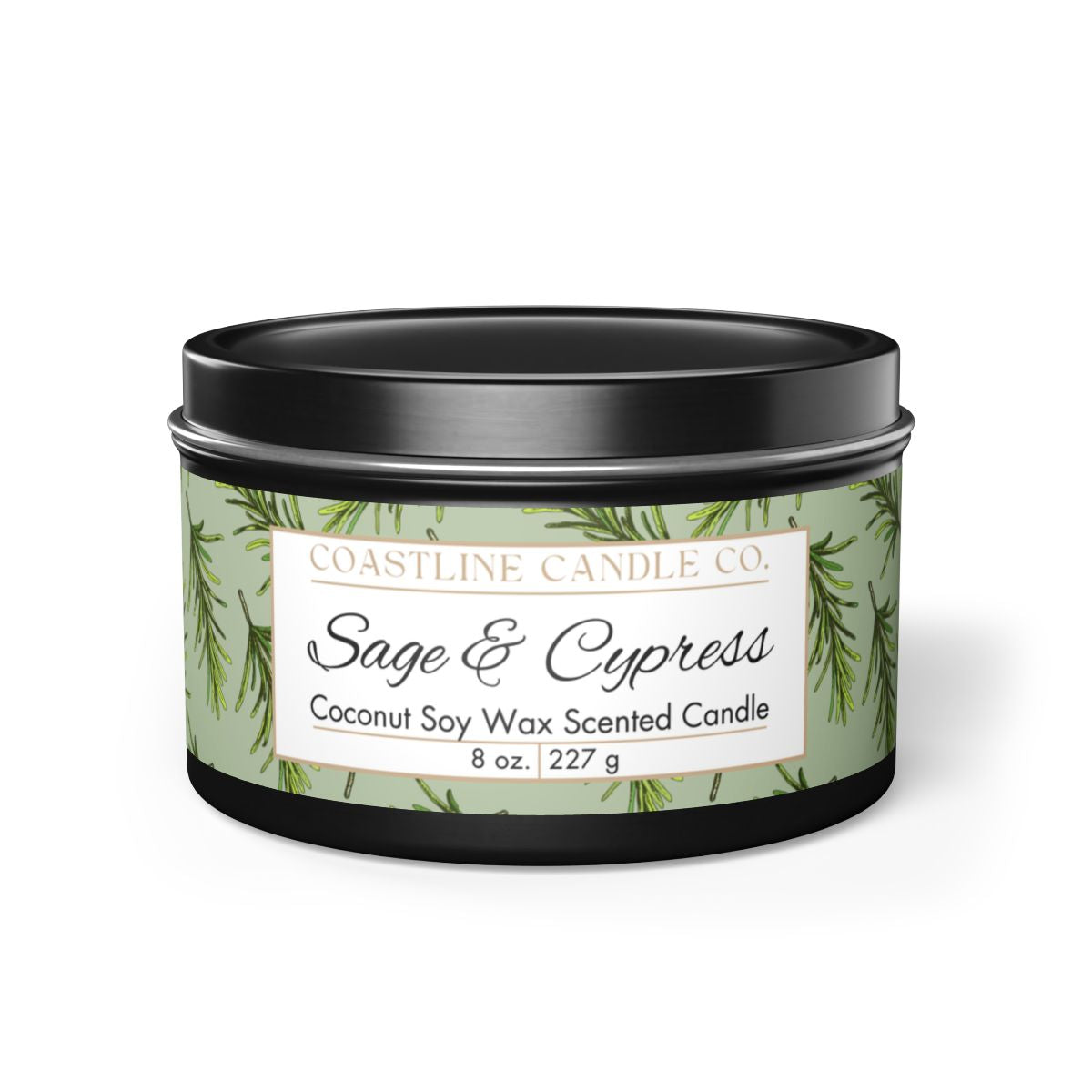 Sage & Cypress Scented Coconut Soy Wax Candle, 8 oz. Black Tin Jar with Lid