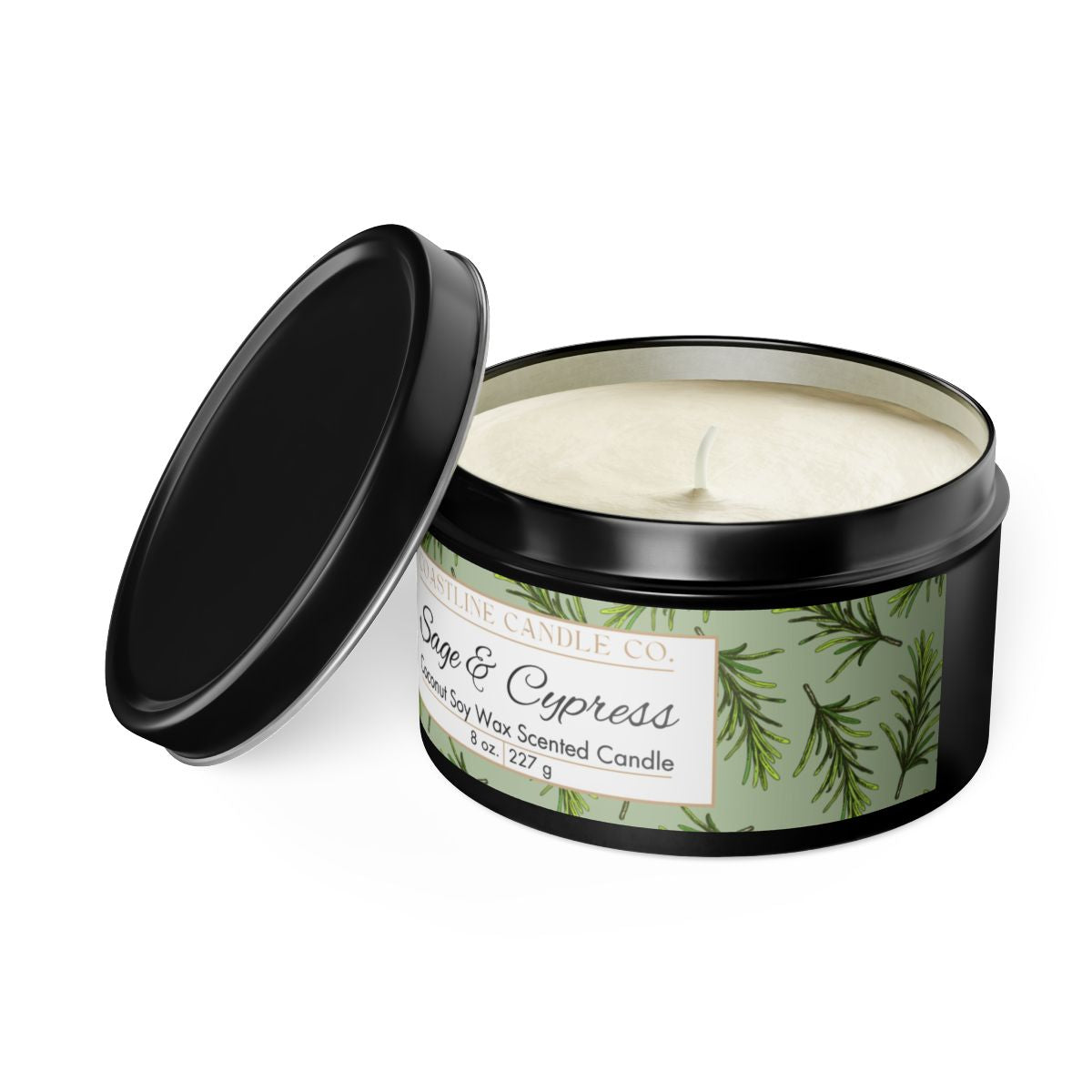 Sage & Cypress Scented Coconut Soy Wax Candle, 8 oz. Black Tin Jar with Lid