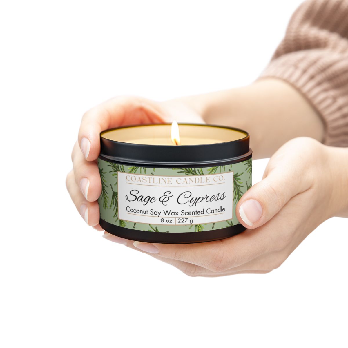 Sage & Cypress Scented Coconut Soy Wax Candle, 8 oz. Black Tin Jar with Lid