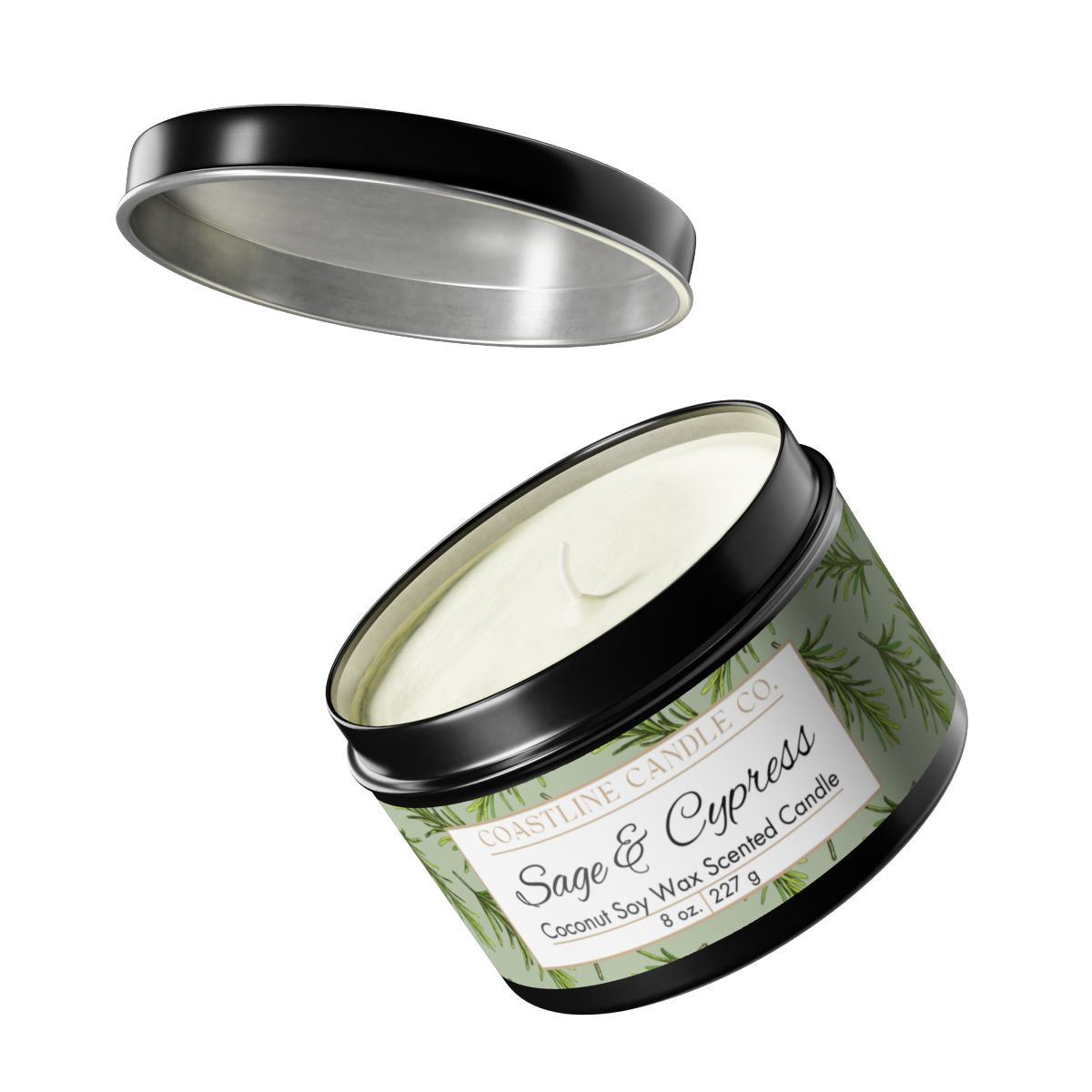 Sage & Cypress Scented Coconut Soy Wax Candle, 8 oz. Black Tin Jar with Lid