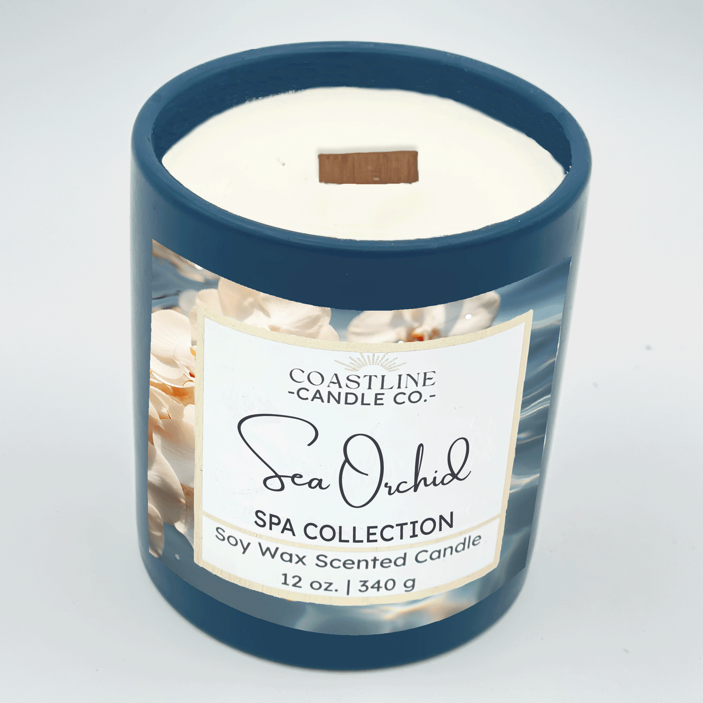 Sea Orchid Soy Wax Candle - Spa Collection in 12 oz. Denim Blue Jar