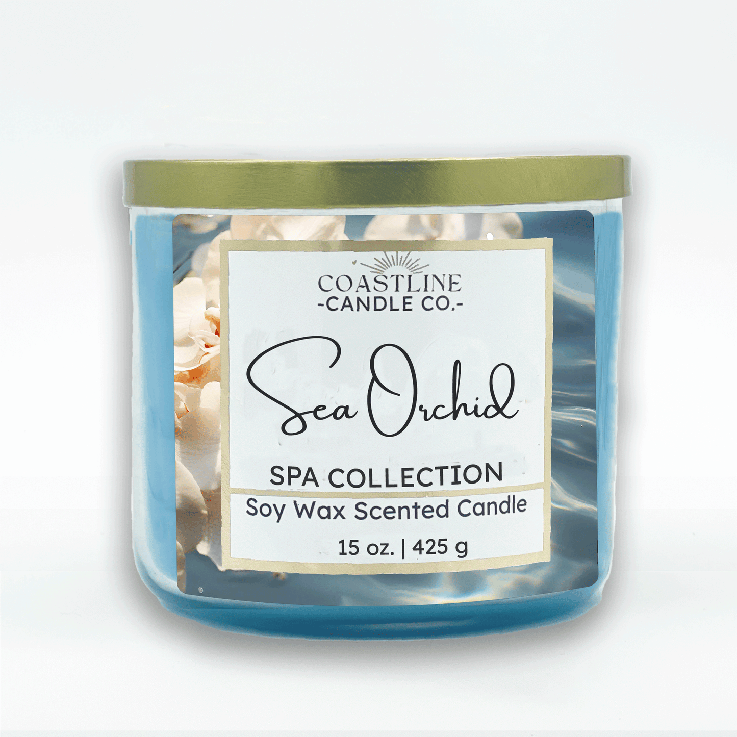 Sea Orchid Soy Wax Candle - Spa Collection in a 3 wick, 15 oz. clear jar with blue wax