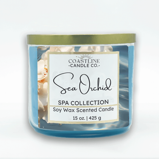 Sea Orchid Soy Wax Candle - Spa Collection in a 3 wick, 15 oz. clear jar with blue wax