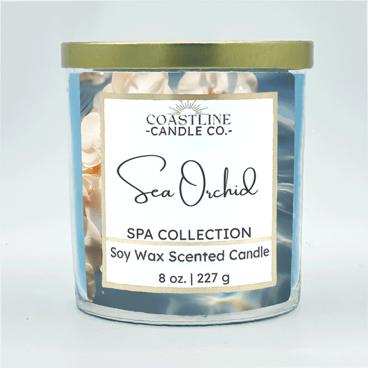 Sea Orchid Soy Wax Candle - Spa Collection in 8 oz. clear jar with blue wax