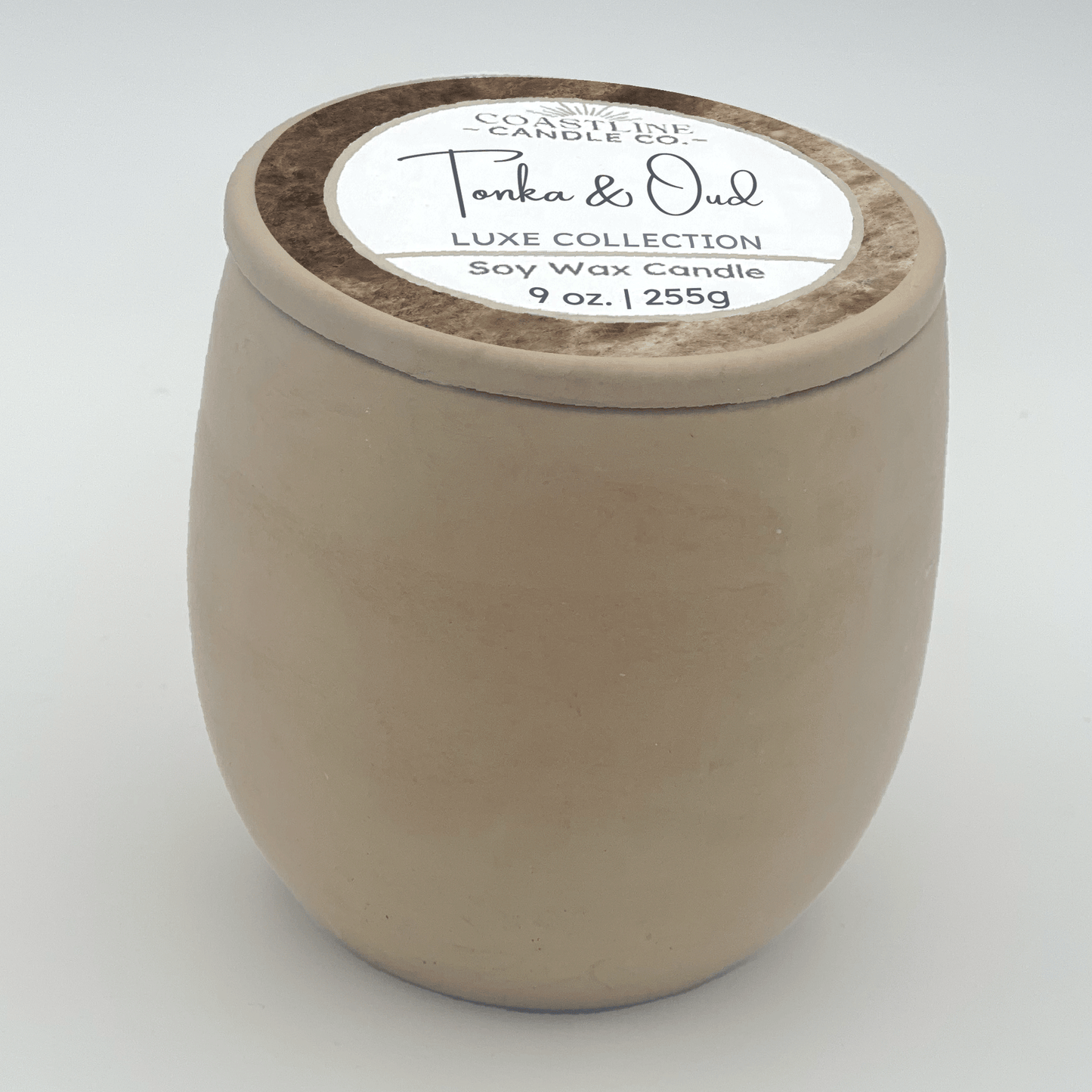 Tonka & Oud Soy Wax Candle - Luxe Collection in 9 oz. Beige Concrete Jar