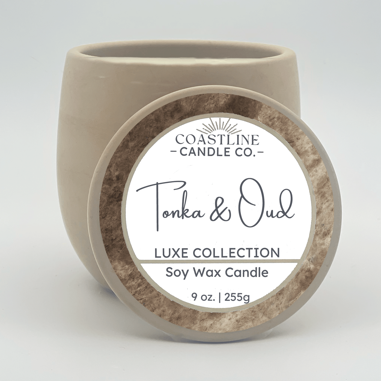 Tonka & Oud Soy Wax Candle - Luxe Collection in 9 oz. Beige Concrete Jar