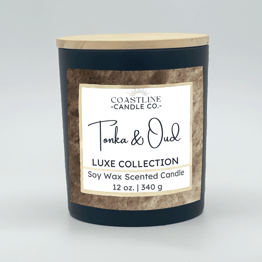 Tonka & Oud Soy Wax Candle - Luxe Collection in 12 oz. Black Jar