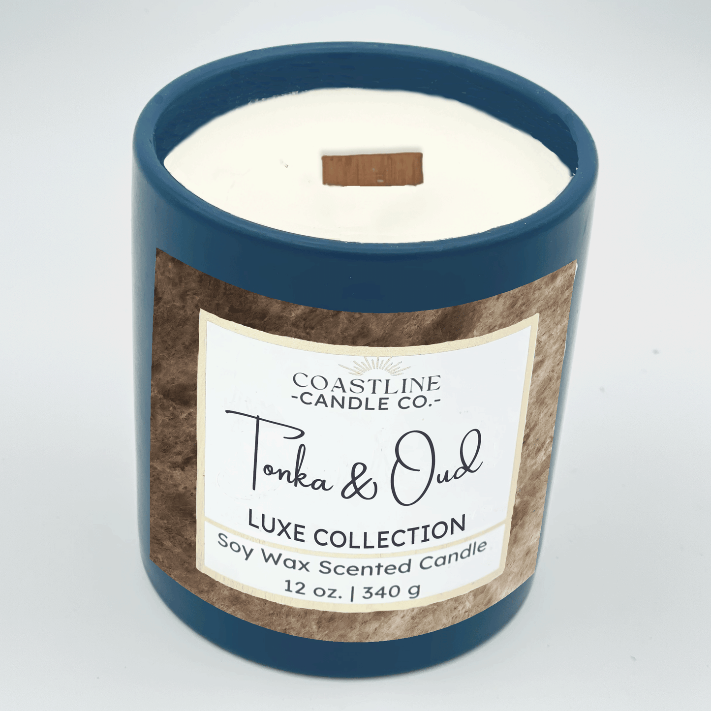 Tonka & Oud Soy Wax Candle - Luxe Collection in 12 oz. Denim Blue Jar