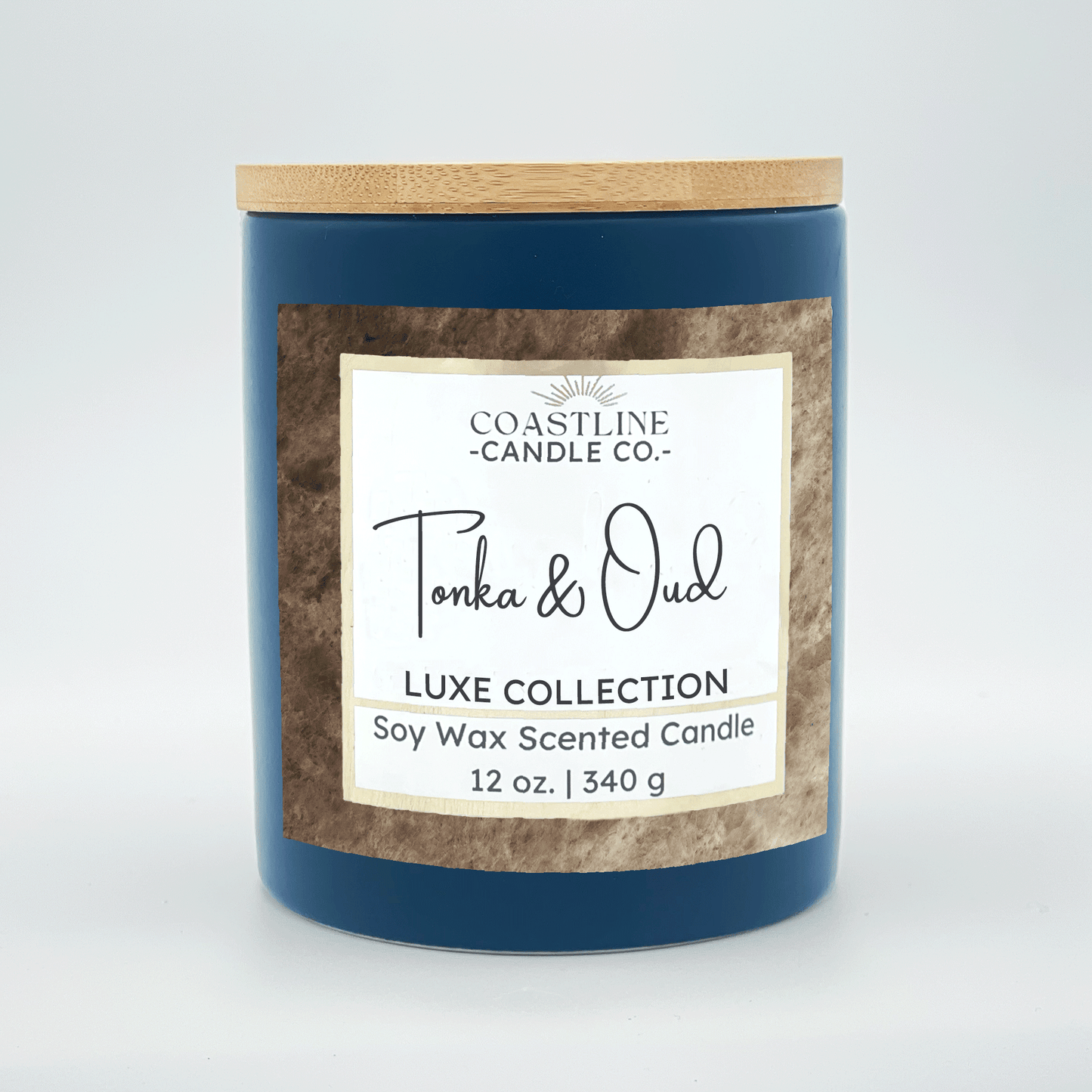 Tonka & Oud Soy Wax Candle - Luxe Collection in 12 oz. Denim Blue Jar