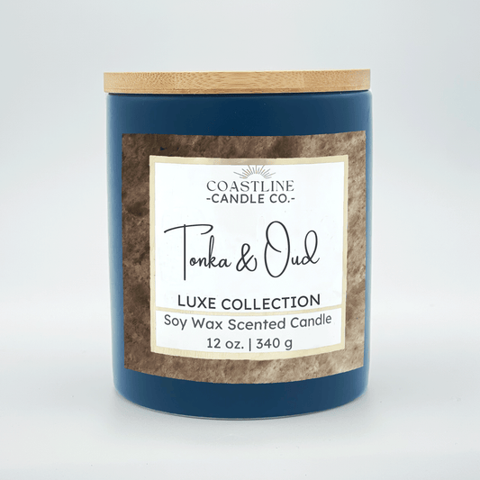 Tonka & Oud Soy Wax Candle - Luxe Collection in 12 oz. Denim Blue Jar