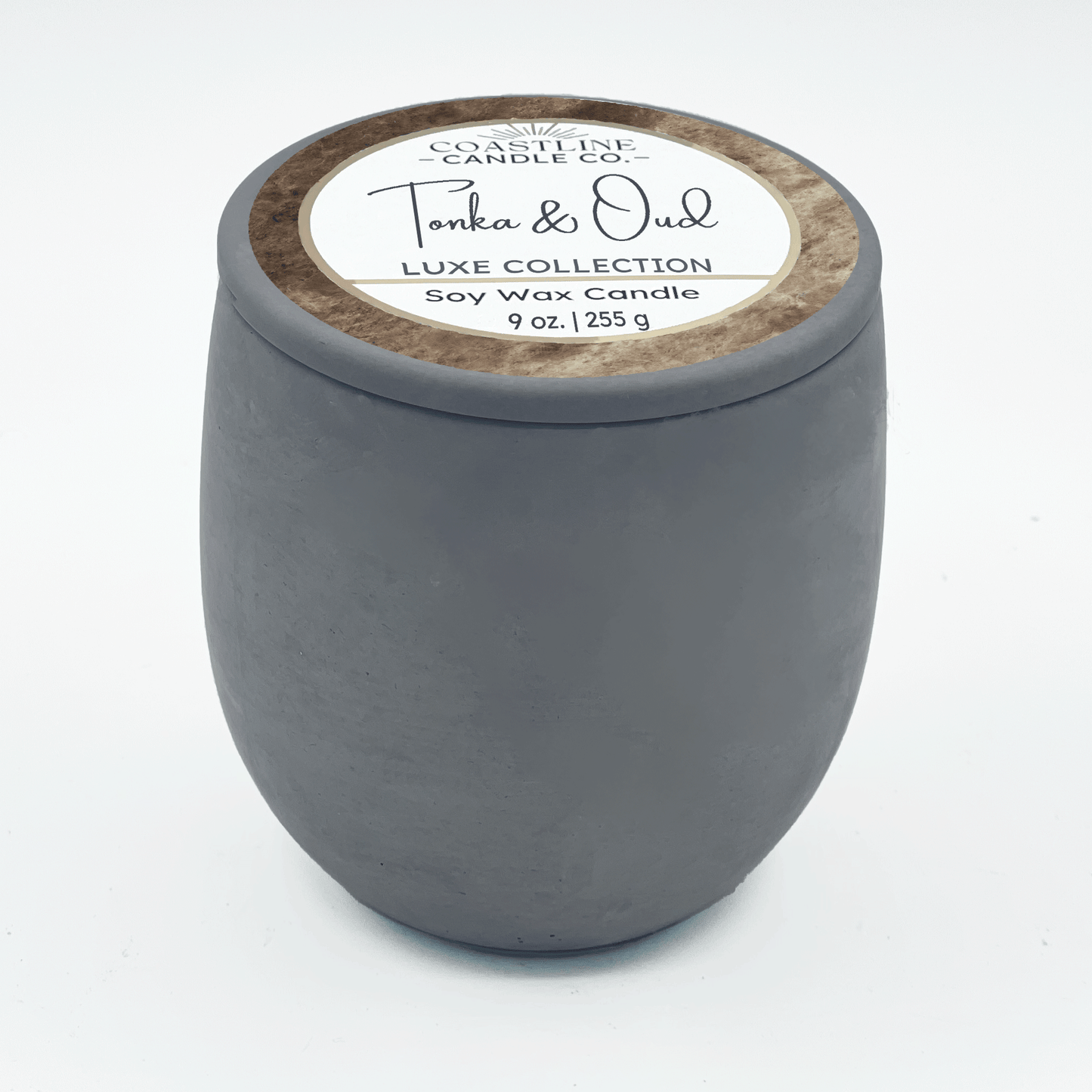 Tonka & Oud Soy Wax Candle - Luxe Collection in 9 oz. Gray Concrete Jar