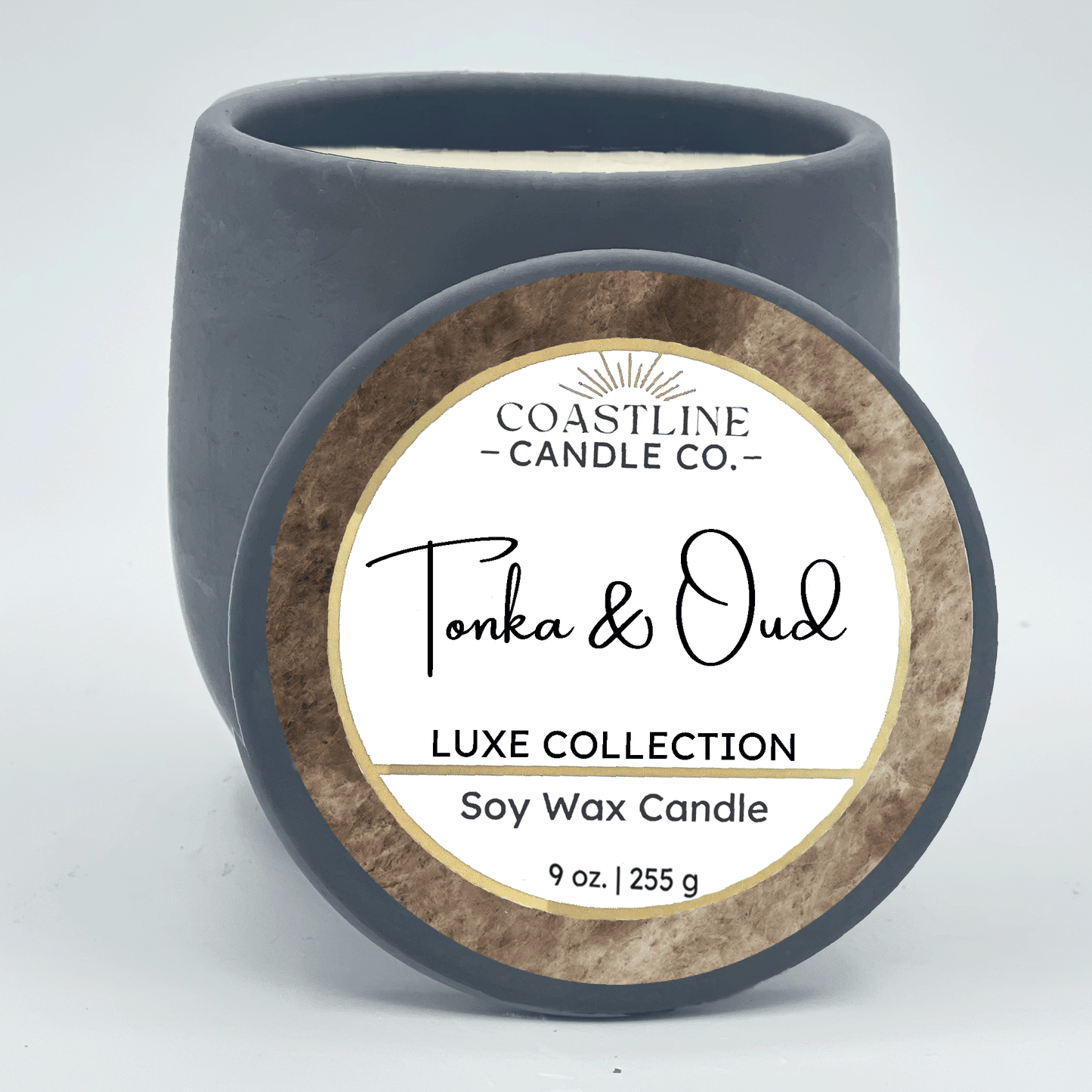 Tonka & Oud Soy Wax Candle - Luxe Collection in 9 oz. Gray Concrete Jar