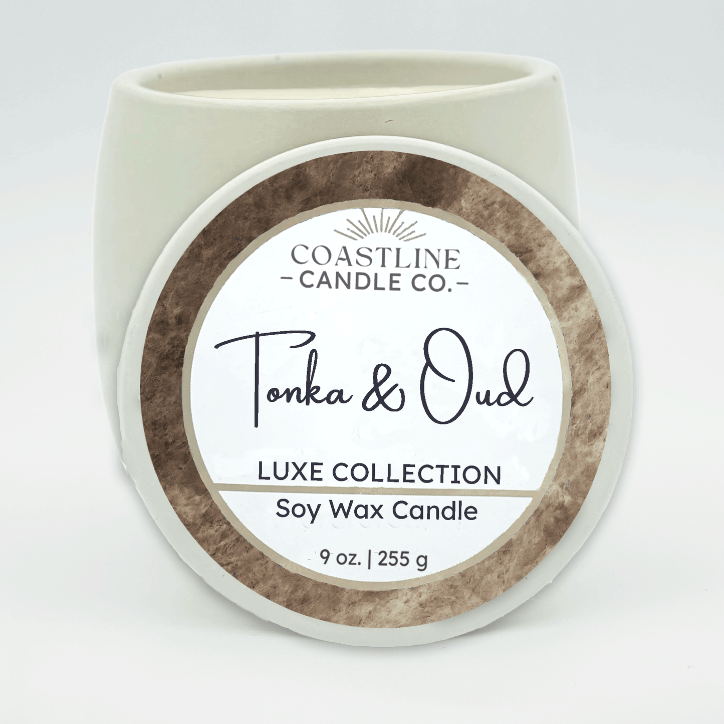 Tonka & Oud Soy Wax Candle - Luxe Collection in 9 oz. White Concrete Jar