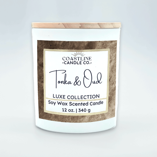 Tonka & Oud Soy Wax Candle - Luxe Collection in 12 oz. White Jar