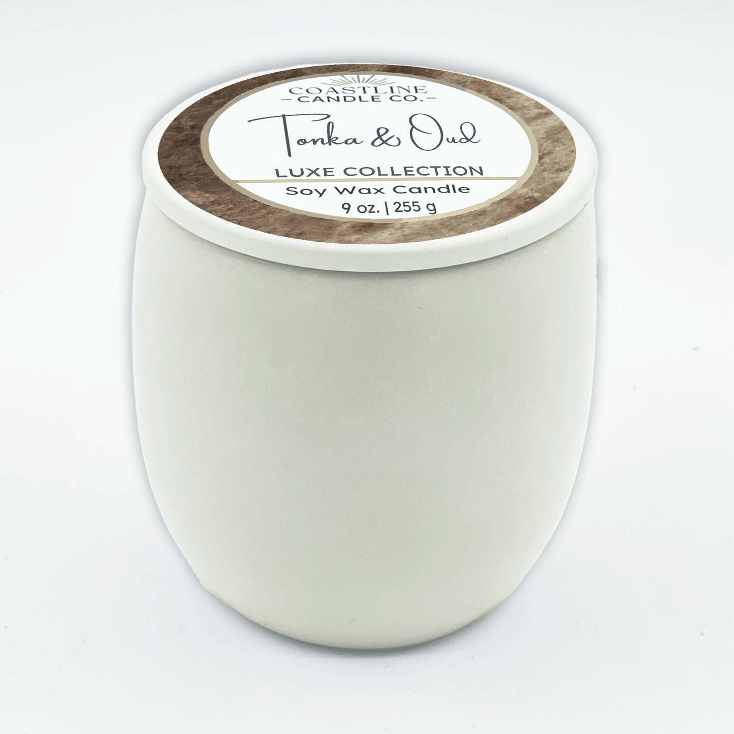 Tonka & Oud Soy Wax Candle - Luxe Collection in 9 oz. White Concrete Jar