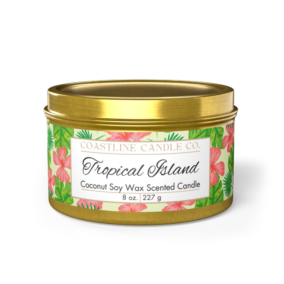 Tropical Island Scented Coconut Soy Wax Candle, 8 oz. Gold Tin Jar with Lid